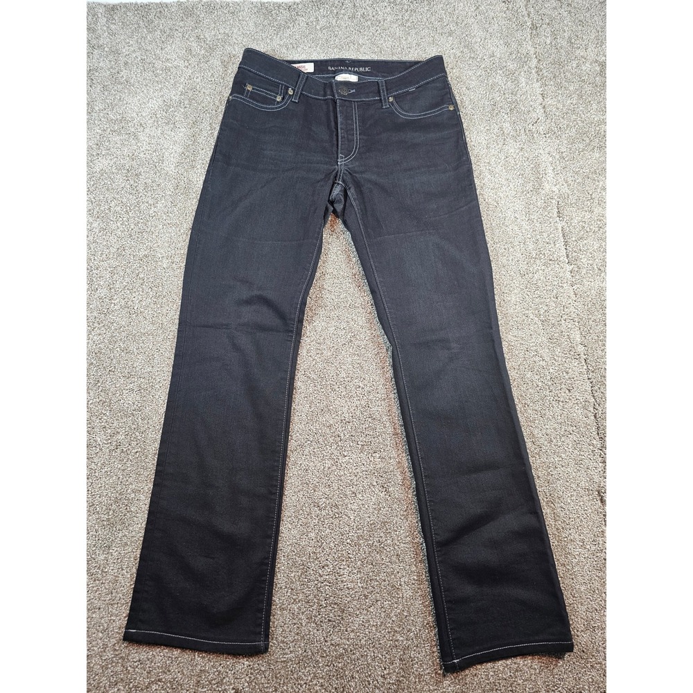Banana Republic Classic Straight Leg Jeans Indigo Blue White Stitch Stretch 06